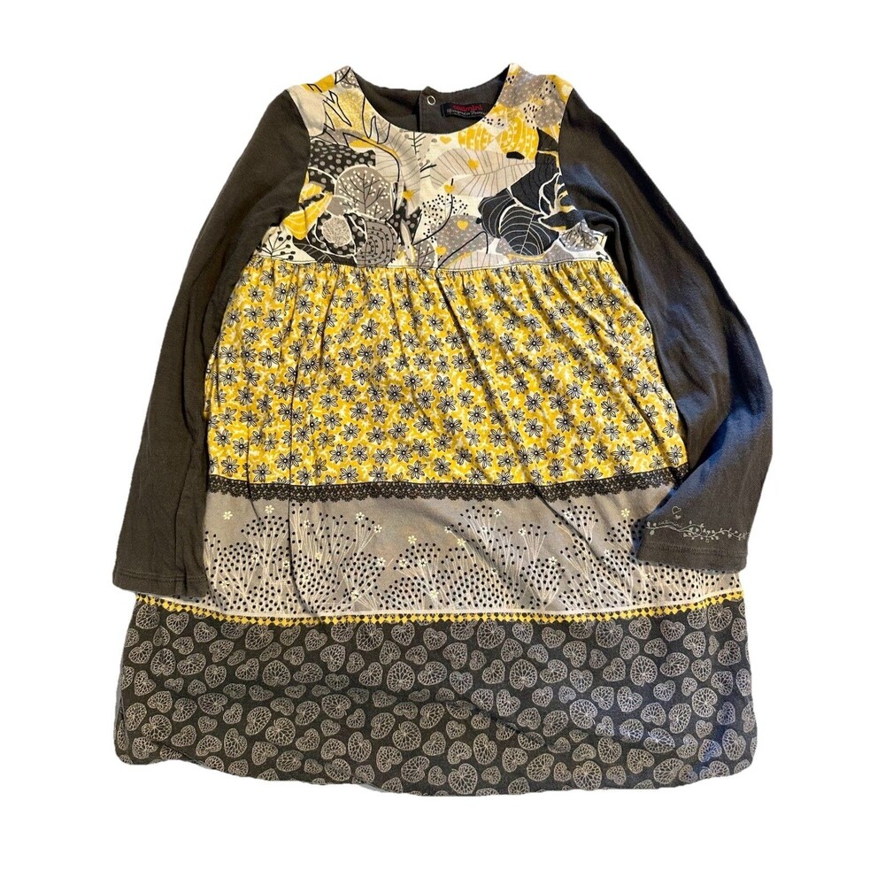 🖤Catimini Girls Patchwork Floral Long Sleeve Dress Mustard Gray Size 6 Designer
